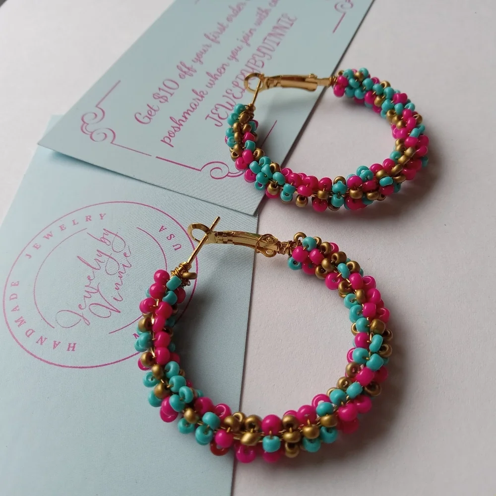 Hand Crafted Pink and Turquoise Beaded Hoop Earrings - Picture 3 of 5